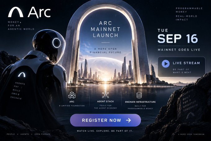 A promotional graphic for 'Arc Mainnet Launch' scheduled for 'TUE SEP 16' featuring a futuristic astronaut figure, cityscape, and text 'MONEY FOR AN AGENTIC WORLD' with a 'REGISTER NOW' call-to-action button.