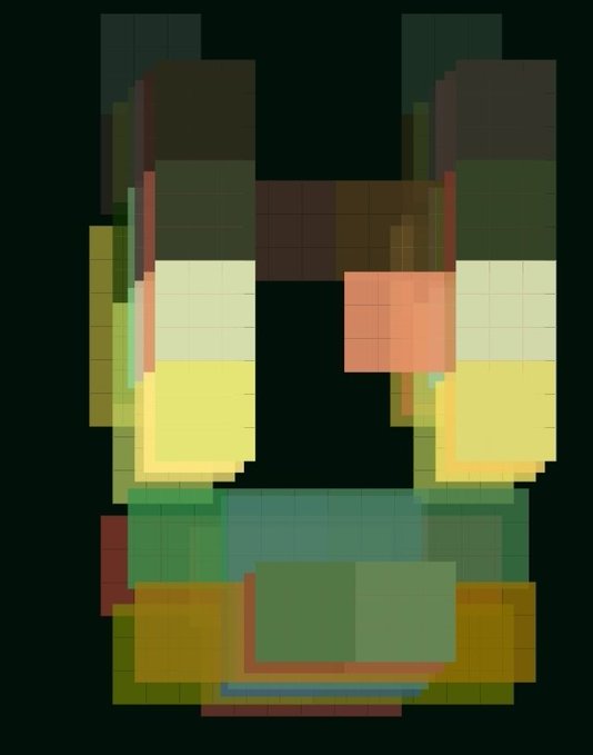 A pixelated, blocky abstract figure resembling a character with red eyes, yellow cheeks, and a green body, rendered in a voxel-like art style against a dark background.