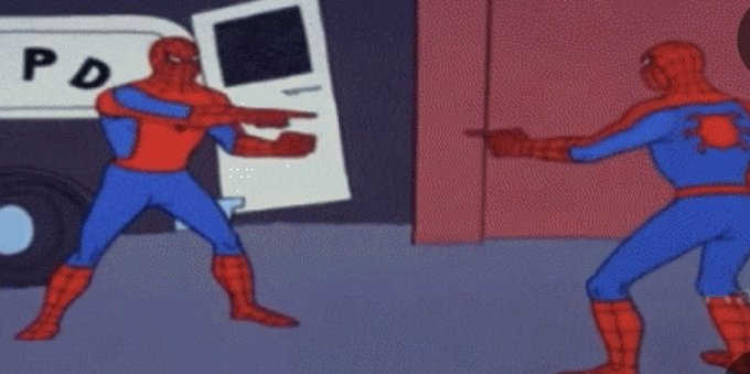 An animation still from the classic 1967 Spider-Man cartoon shows two versions of the superhero pointing web-shooters at each other in front of a police vehicle.