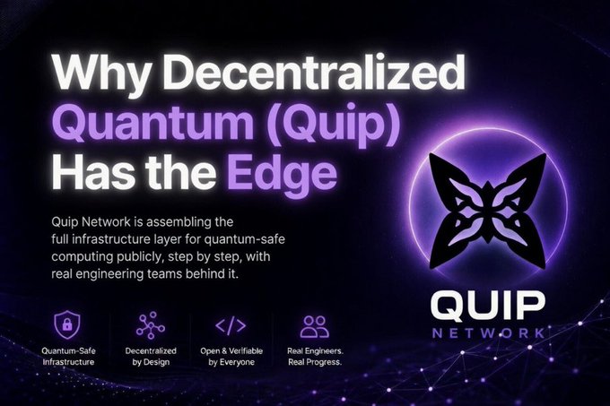 The image features a purple background with a white butterfly logo, which is part of an advertisement for Quip Network. The text "Why Decentralized Quantum (Quip) has the Edge" is displayed above the butterfly logo. This suggests that Quip Network is promoting their decentralized platform and its advantages over traditional centralized systems.