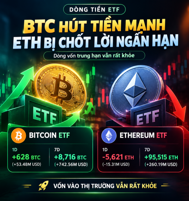 A Vietnamese cryptocurrency infographic titled 'DÒNG TIỀN ETF' showing Bitcoin ETF gaining (+628 BTC in 1D, +8,716 BTC in 7D) while Ethereum ETF saw short-term profit-taking (-5,621 ETH in 1D) but strong medium-term inflows (+95,515 ETH in 7D).