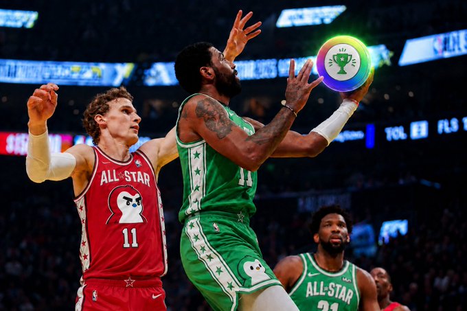 An NBA All-Star game action shot shows a player in a green jersey (#11) going up for a shot while a defender in a red "ALL-STAR" jersey (#11) contests, with a colorful graphic ball in mid-air.