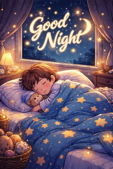 The image features a boy sleeping peacefully under a starry night sky with a teddy bear next to him. The scene is set against a backdrop of stars, creating an enchanting atmosphere. The caption for this image reads "Good Night." This phrase is accompanied by a star map and a teddy bear, suggesting that the image might be related to a social media post or digital art piece promoting a good night's sleep.