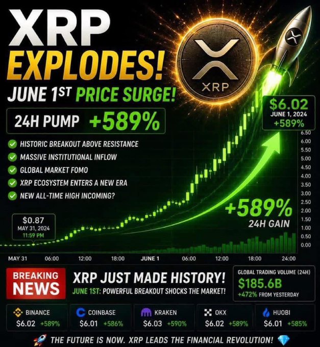 The image features a poster promoting a cryptocurrency called Ripple and its potential price surge at the beginning of the month of June. The poster is designed with an upward-pointing arrow indicating that Ripple's value is expected to increase over time, possibly reaching $6.89 by the end of the month. The text on the poster highlights the global attention that Ripple has attracted in recent times and emphasizes its potential for creating a financial revolution.