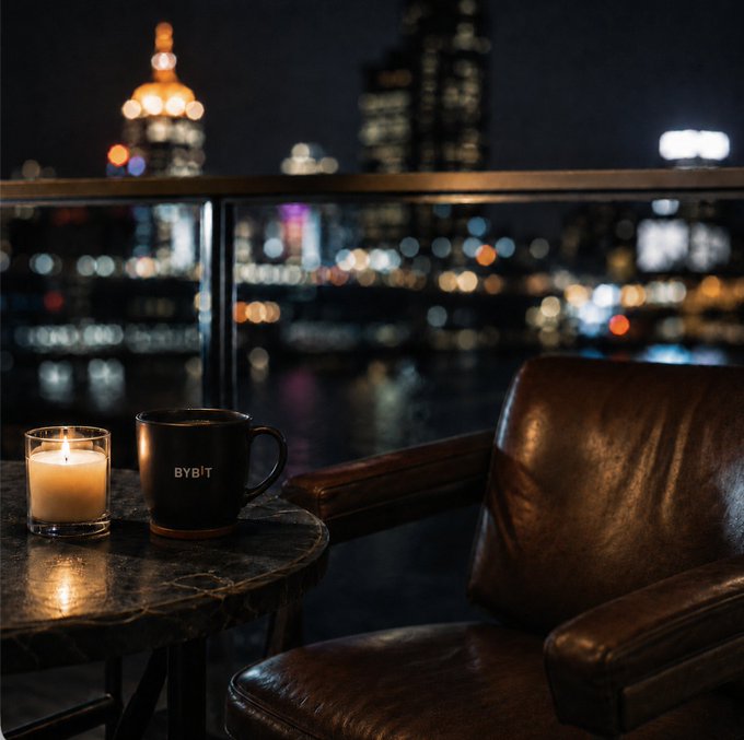 A moody nighttime photograph of a balcony setting with a black 'BYBIT' branded mug and a lit candle on a marble table, overlooking a blurred city skyline with a river.
