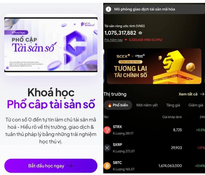A Vietnamese digital asset course promotion 'Khoá học Phổ cấp tài sản số' alongside a market dashboard showing total market cap of 1,075,317,882 VND and trending tokens including STRX (8,725), SXRP (29,903), and SBTC (1,674,063,000).