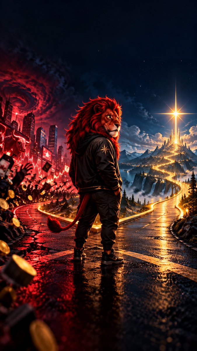 A dramatic digital artwork features an anthropomorphic lion with a red mane wearing a black tracksuit, standing at a crossroads where one path leads to a fiery, red-lit city and the other leads toward a glowing golden castle.
