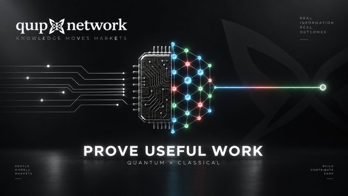A dark promotional graphic for 'quub network' displaying 'KNOWLEDGE MOVES MARKETS', 'PROVE USEFUL WORK', and 'QUANTUM X CLASSICAL' alongside a circuit board brain illustration.