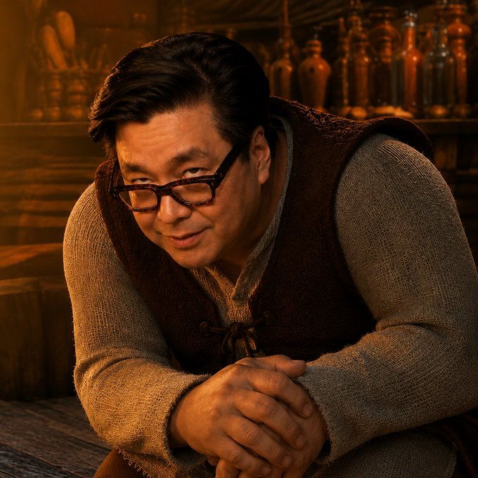 A man with glasses wearing a brown vest over a grey tunic smiles while leaning forward in what appears to be a warmly lit, rustic interior setting.