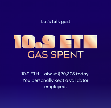 The image is a gas fee receipt showing **"10.9 ETH GAS SPENT"** with a "Let's talk gas!" headline, noting the $20,305 cost and quipping "You personally kept a validator employed." This humorously references the massive transaction fees someone paid, likely on Ethereum, leading to the post's frustrated plea "wen airdrop?" as they seek compensation for their expensive on-chain activity.