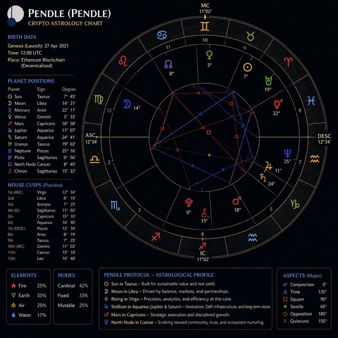 The image features a detailed astrological chart or diagram of the zodiac, with each sign clearly labeled and color-coded. The chart includes various symbols representing different planets and stars, as well as information about their positions relative to Earth. The text in the image reads "PENDLE", which is likely a reference to the planet Venus. The post also mentions that the stars are looking mighty good for PENDLE, suggesting favorable conditions or a positive astrological forecast for that particular sign.

The chart is presented in a circular format with each section representing a different zodiac sign. It provides information about the planets and their positions relative to Earth, as well as other details such as the signs of the planets' inhabitants and their characteristics. The image also includes text that reads "Birth data astrological chart", which could be an indication that this is a compilation or summary of birth charts for different zodiac signs.
