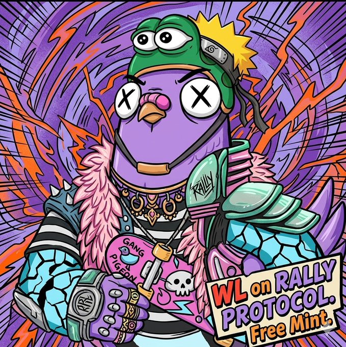 The image features a cartoon bird character wearing a green hat, with a pink scarf around its neck. The bird appears to be holding a sign that says "Free mints are everywhere, but Wingston by @RallyOnChain is the first one in a long time with actual substance". This suggests that the bird might be promoting a product or service related to mints and mint-related items.