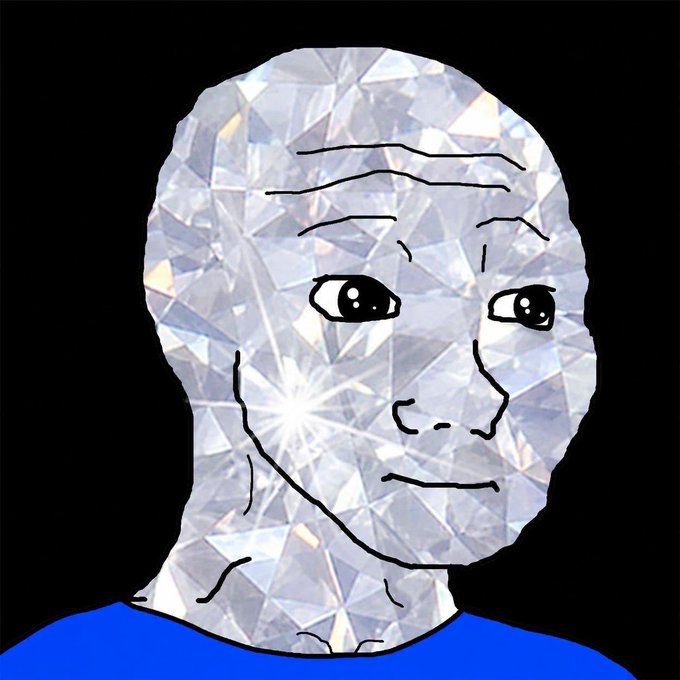 Wojak-style meme illustration with a low-poly crystal/diamond pattern face, giving a smug sideways glance with hand on chin, wearing a blue shirt.