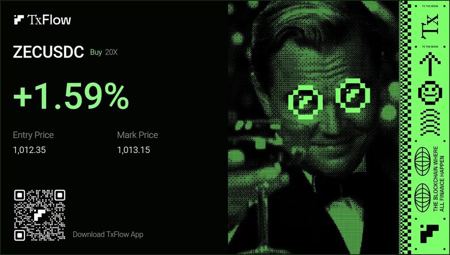 A TxFlow app advertisement showing a ZECUSDC buy trade with 20X leverage at +1.59% gain, featuring a green stylized portrait of a man with pixelated sunglasses and the text 'THE BLOCKCHAIN WHERE ALL FINANCE HAPPEN'.