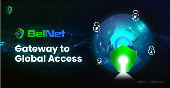 The image is a promotional banner for BelNet, featuring the text "Gateway to Global Access" alongside a glowing globe graphic surrounded by privacy/security icons (lock, shield, fingerprint) and a keyhole. It relates to the post by visually reinforcing BelNet's role as a privacy-focused VPN tool—emphasizing secure, ad-free browsing where BelNet works in tandem with Beldex Browser to protect users from trackers.