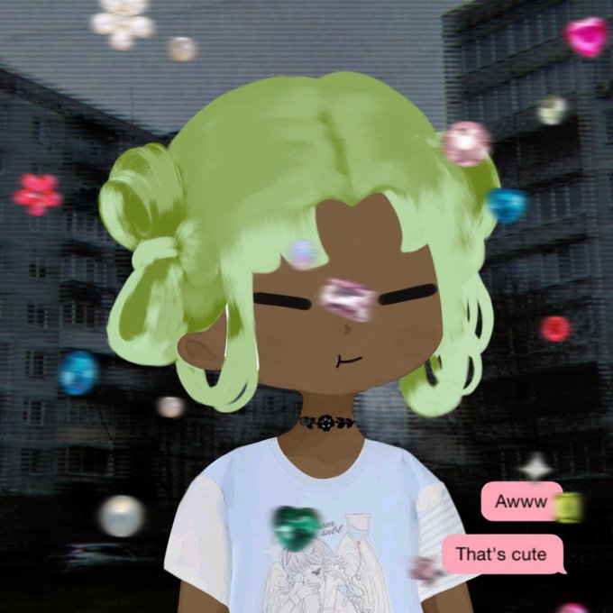 A digital illustration of a character with green hair in buns, dark skin, and closed eyes wearing a choker and graphic t-shirt, with floating bubbles and chat bubbles reading 'Awww' and 'That's cute' over a cityscape background.