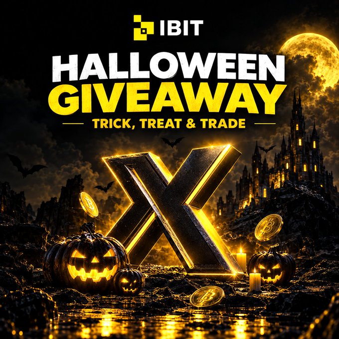 A Halloween-themed promotional graphic features a glowing metallic “X,” carved pumpkins, Bitcoin coins, bats, candles, a haunted castle, and a full moon. It reads “IBIT HALLOWEEN GIVEAWAY — TRICK, TREAT & TRADE,” matching the post’s spooky crypto giveaway and rewards of 10 USDT for five winners and 30 USDT IBIT bonuses for four winners.
