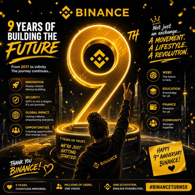 A Binance 9th anniversary promotional graphic with gold and black design, featuring a person with raised hand, the text '9 YEARS OF BUILDING THE FUTURE,' and hashtags #BINANCETURNS9.