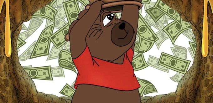 A cartoon bear wearing a red shirt holding a pot of gold, standing in a cave filled with falling green dollar bills.