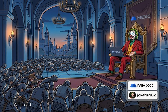 A cartoon illustration depicting a Joker-like character in a red suit sitting on an ornate throne with a MEXC banner, using a laptop, while an army of knights kneels before him in a grand hall with chandeliers, branded with 'MEXC' and 'jokerrrrr02' labels.