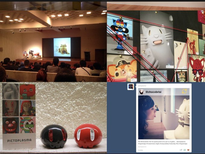A collage featuring an anime convention with audience viewing character portraits on display, plus Pictoplasma character portraits merchandise and an Instagram post from @chocobirisi.
