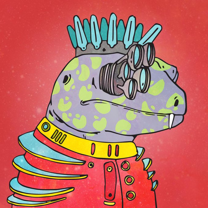 An illustration of a reptilian creature with a mohawk, goggles, and a spiked collar wearing a red jacket against a red background.