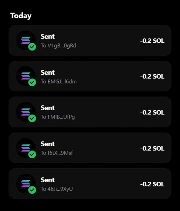 A mobile wallet activity screen displays five "Sent" transactions today, each showing "-0.2 SOL" sent to different abbreviated addresses (V1gB...0gRd, EMGJ...l6dm, FMIB...UfPg, f6tX...9Msf, 46Ji...9XyU). The image appears to document a Solana airdrop where 0.2 SOL was distributed to qualifying wallets, aligning with the claim of rewarding the first 2,300 participants who follow social media requirements.