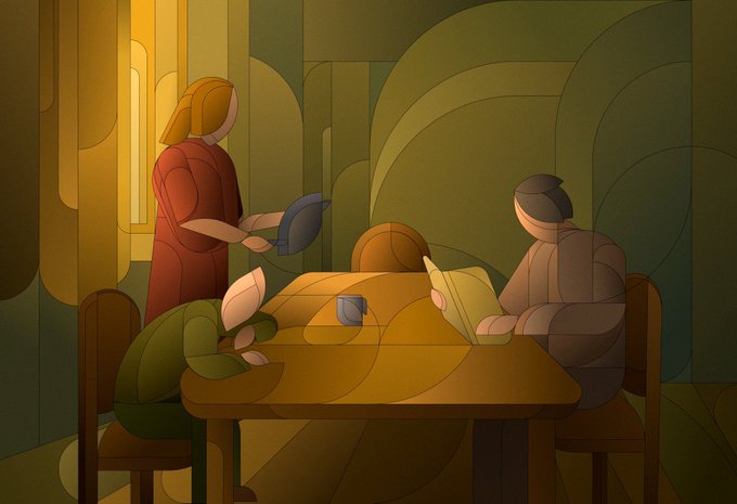 A stylized illustration of four figures sitting around a wooden table in a warm, dimly lit room with arched walls, one figure standing and holding a teapot.