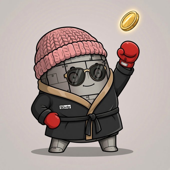 Cartoon illustration of a robot character named 'Rocky' wearing a pink knit beanie, sunglasses, red boxing gloves, and a black robe, tossing a gold coin.