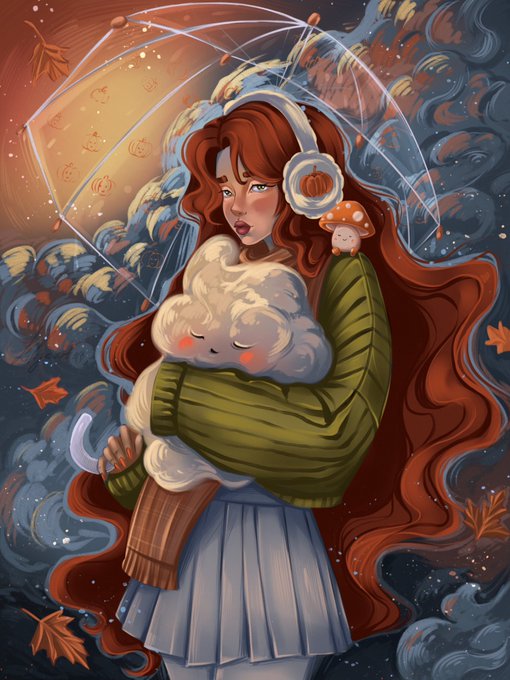 A girl with flowing auburn hair tenderly cradles a small sleeping cloud under a transparent umbrella, with autumn leaves swirling around her and a tiny mushroom perched on her shoulder, embodying the "Warmth in the Heart of Autumn" theme.