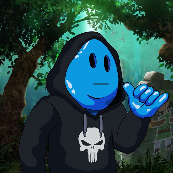 A blue cartoon character with a simple smiling face wears a black hoodie featuring a white Punisher skull logo, waving from a lush green forest setting.