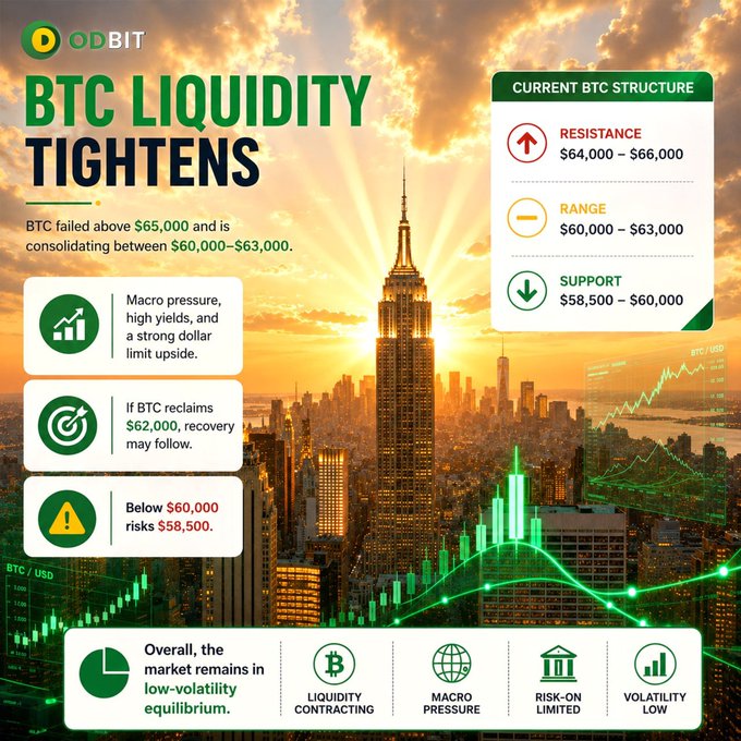 A financial infographic titled "BTC LIQUIDITY TIGHTENS" by ODBIT, overlaid on a cityscape at sunset with candlestick charts, displays Bitcoin's current market structure with resistance at $64,000–$66,000, a range of $60,000–$63,000, and support at $58,500–$60,000, while warning that macro pressure, high yields, and a strong dollar limit upside, aligning with the post's message of BTC consolidating between 60K–63K amid weakening liquidity and macro headwinds.