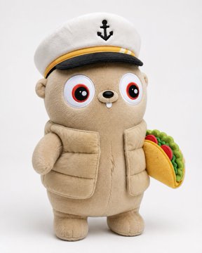 A plush toy character resembling a sea otter wearing a white sailor hat with an anchor emblem and a tan puffer vest, holding a taco.