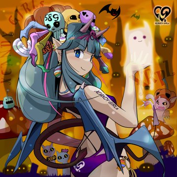 An anime-style illustration depicts a blue-haired character surrounded by various Halloween-themed creatures, including ghosts, a pumpkin-headed figure, and a glowing white ghost.