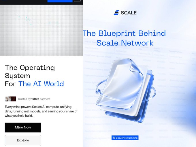 Two promotional panels advertise 'SCALE' network: left reads 'The Operating System For The AI World, Mine Now, Explore' and right reads 'The Blueprint Behind Scale Network, ScaleNetwork.Org'.