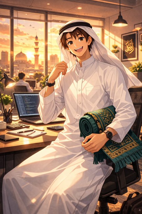 An anime-style illustration of a smiling young man in traditional Middle Eastern attire (white thobe and keffiyeh) sitting at a desk with a laptop, holding a rolled prayer rug, with a mosque visible through the window at sunset.