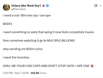 A tweet from @theunipcs (aka 'Bonk Guy') on X posted at 1:00 PM Sep 7, 2026, with 322.9K views, looking for a sub-$1m low cap memecoin to 'ape' into.