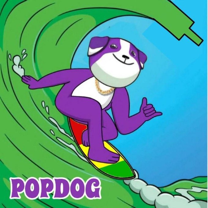 A cartoon purple and white dog surfs inside a green wave, making a "shaka" hand sign, with the text "POPDOG" displayed in the bottom left. The image visually matches the post's caption about riding a wave/candle back up, referencing the $POPDOG token on Solana.