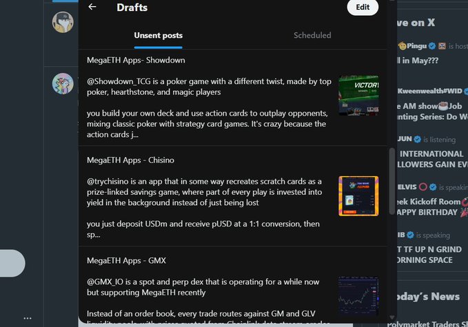 The image shows a screenshot of a Twitter page with multiple posts displayed on it. One of the posts is titled "Drafts" and has a list of unread drafts for people to read. The other posts are related to gaming, specifically Minecraft, as they contain information about different games in the game. The post also mentions that there is an app called "MEGAETH" which might be useful for gamers or content creators interested in Minecraft.
