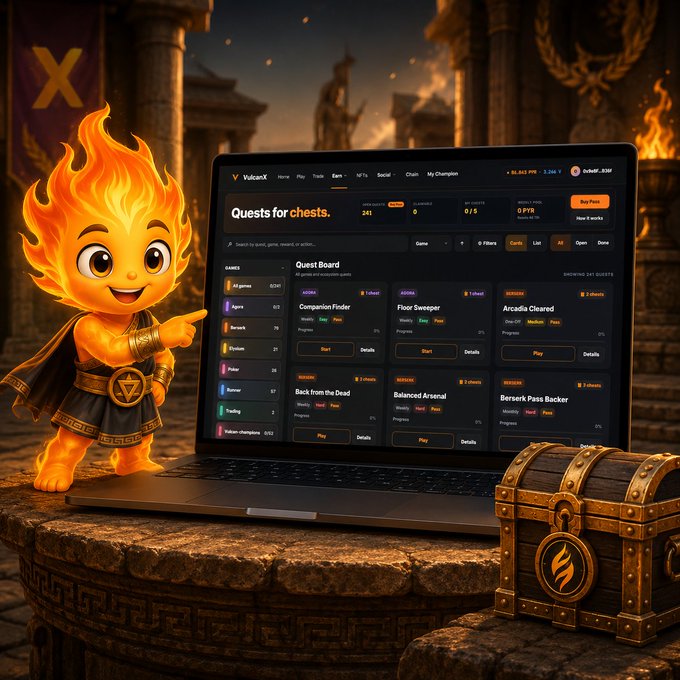 A 3D-rendered flame character mascot standing next to a laptop displaying a 'Quest Board' interface (appears to be VulcanX), with a treasure chest nearby in an ancient Roman/Greek temple setting.