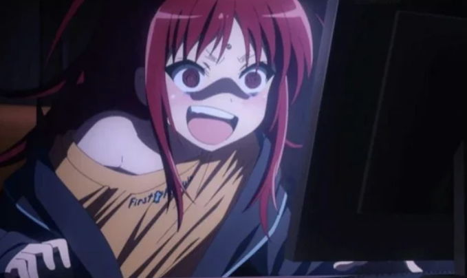 An anime character with red hair grins maniacally with wide, shadowed eyes at a computer screen, wearing an off-shoulder shirt with partially visible text reading "First Di...". The image humorously captures the euphoric, almost unhinged intensity of a scalper joyfully diving into short-term 5-minute chart action after a grueling day of slower 4-hour analysis—reflecting the post's playful contrast between serious big-screen trading and the chaotic rush of rapid-fire scalping on a smaller screen.