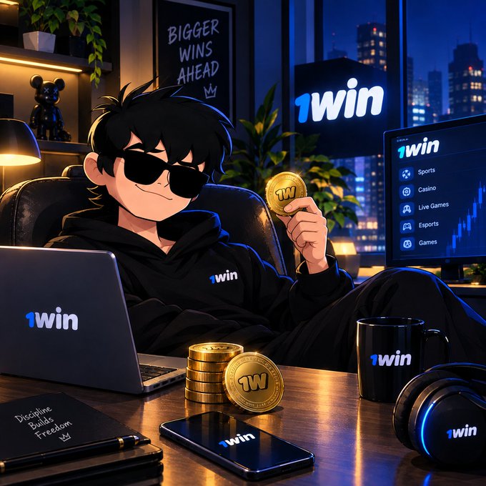 An animated character wearing sunglasses and a '1win' hoodie holds a gold coin in a stylish room with a laptop and monitor displaying '1win' branding, along with a sign reading 'BIGGER WINS AHEAD.'