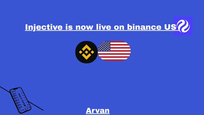 The image features a blue background with two logos, one of which is a yellow circle with a black dot inside, representing Bitcoin, and an American flag. The text "Injective is now live on binance US" is written above the logos in white letters. This suggests that the image is related to the Injective coin or project, which was created by Binance US. The post also mentions that the coin is available for the American market and provides information about its regulation.