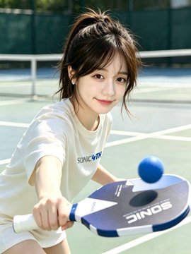A young woman with a ponytail plays pickleball on an outdoor court, about to hit a blue ball with a gray "DINOS" paddle while wearing a white "SONICWIP" shirt. The image appears unrelated to the accompanying post about the D0 content creation reward program by @DonutAI, which has no tennis, pickleball, or sports content.
