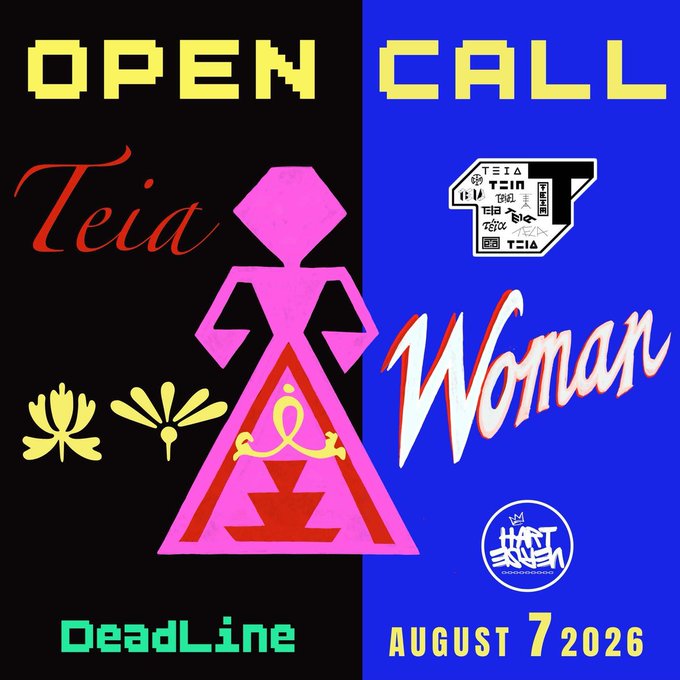 A graphic design announcement for an "OPEN CALL" titled "Teia Woman" with a deadline of August 7, 2026, featuring pink and red stylized graphics on a split black and blue background.