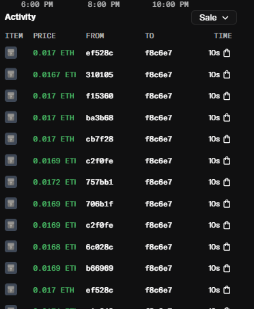 The image shows a screenshot of a webpage with a table that displays various statistics about cryptocurrency transactions, such as transaction amounts, times, and prices, displayed in black text on a white background. The post says "0.009e" which is a float number representing the eth price, and there are multiple floats displaying the transaction amounts for different cryptocurrencies. The post also has a title "0.01c" and appears to be active at 8:00 pm. The image shows an organized structure with relevant information provided for easy understanding of the cryptocurrency trading market.