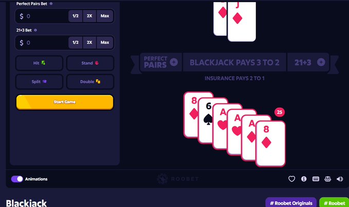 A screenshot of a Roobet blackjack game interface shows a dealer's hand of two face-up cards and a player's hand of five cards totaling 23, with options for Hit, Stand, Split, and Double.