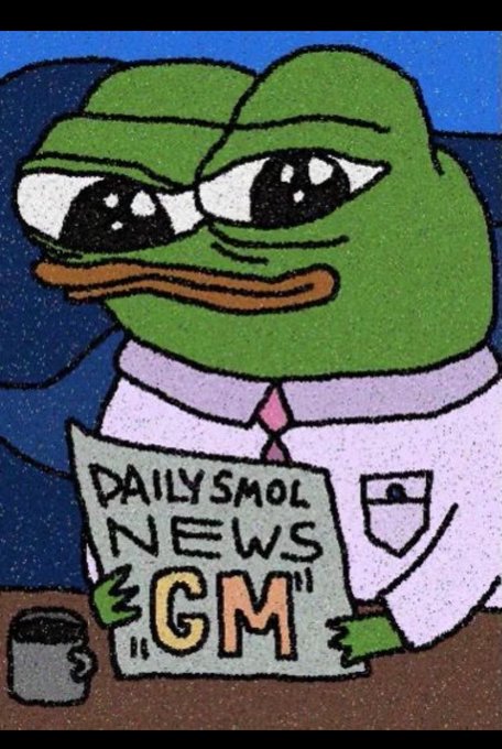 A cartoon drawing of a sad-looking Pepe the Frog character wearing a pink shirt and reading a newspaper with the text 'DAILY SMOL NEWS' and 'GM'.