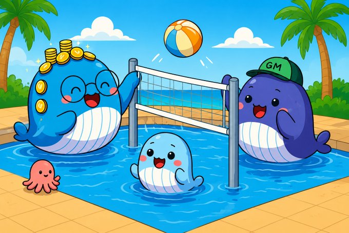 The image shows a group of cartoon characters, including two blue whale characters, one orange ball character, and an octopus, gathered around a pool with a volleyball game taking place. The characters are engaged in various activities related to the game, such as hitting the ball or diving into the water. The post suggests that these characters have been partaking in a fun pool party, possibly at a resort or beach location, where they can enjoy themselves and earn rewards for their participation.

The image also contains some text that reads "The Pool Party has begun! Supply supported @tinymanorg v2 LP positions to:   Earn DEX fees (+ farm rewards where available)  Unlock WAD borrowing power against LP collateral ... Track positions in Portfolio Health app.dork.fi/pools". This information indicates that the characters are not only enjoying themselves but also potentially benefiting from their participation in the pool party through financial gains or other rewards provided by the game.