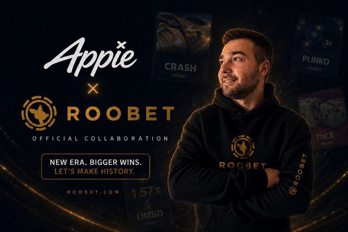 A promotional image announces an official collaboration between 'Appie' and 'ROOBET' featuring a man in a branded hoodie and various casino game icons like Crash, Plinko, Dice, and Limbo.